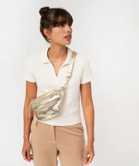 Polo manches courtes et col ouvert en maille gaufrée femme ecru